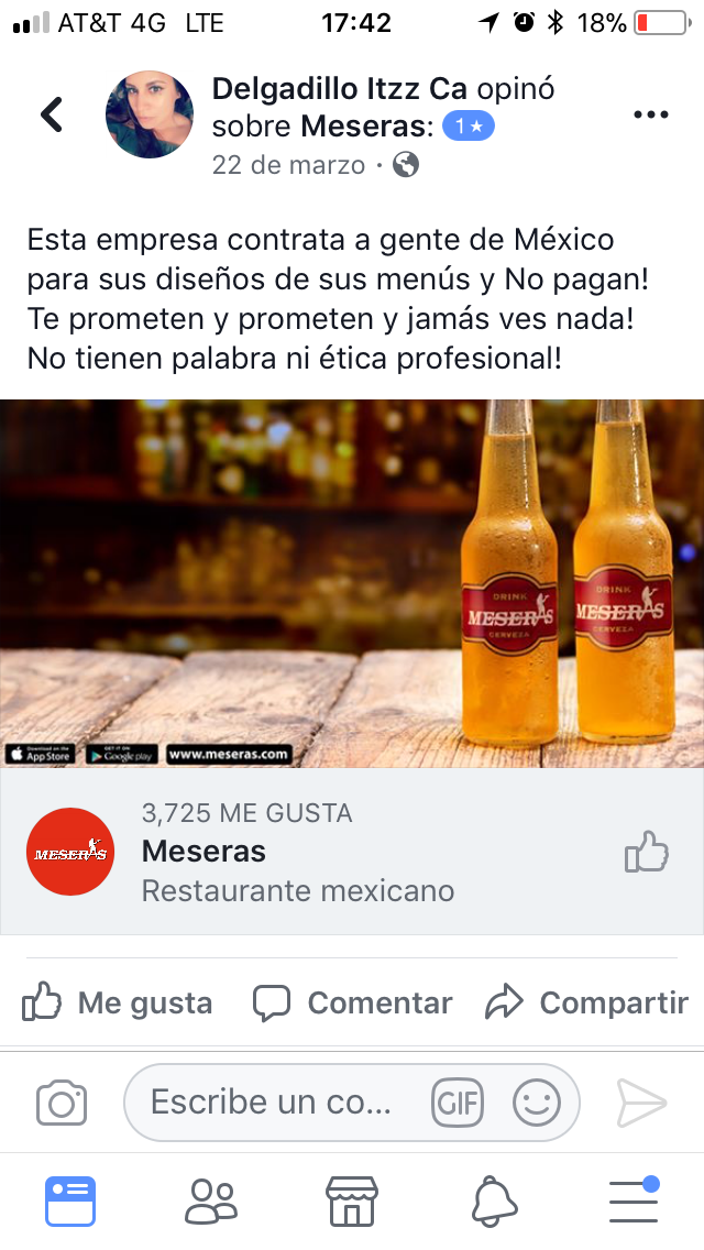 Empresa de Restaurante Mexicano MESERAS.COM, NO PAGA